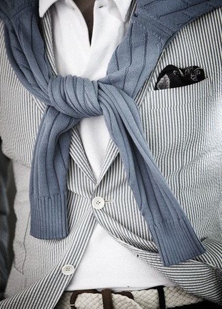 White Woven Leather Belt Outfits For Men: A white and black vertical striped blazer and a white woven leather belt are true essentials if you're crafting an off-duty wardrobe that matches up to the highest fashion standards.