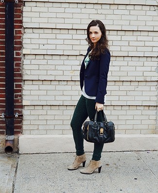 Women's Navy Blazer, White Crew-neck Sweater, Dark Green Print Skinny Pants, Tan Suede Lace-up Ankle Boots