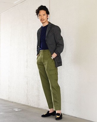 Black Embroidered Velvet Loafers Outfits For Men: A charcoal vertical striped blazer and olive cargo pants are a great combo to add to your current repertoire. And it's a wonder what black embroidered velvet loafers can do for the outfit.