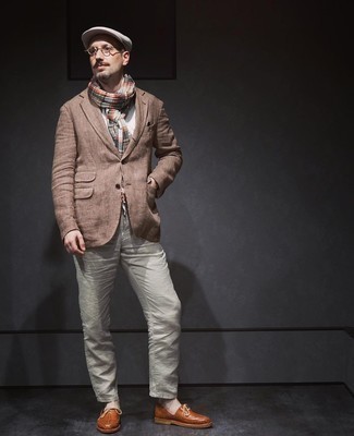 Men's Brown Check Linen Blazer, White Crew-neck T-shirt, Grey Chinos, Tobacco Woven Leather Oxford Shoes