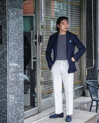 Men's Navy Blazer, Navy and White Horizontal Striped Crew-neck T-shirt, White Chinos, Navy Suede Loafers