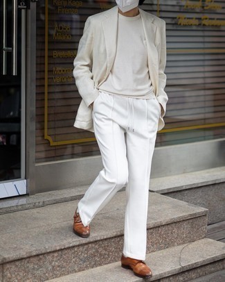 Brown Leather Double Monks Outfits: The ideal foundation for casually polished menswear style? A beige linen blazer with white chinos. If you want to effortlessly step up this outfit with a pair of shoes, complete this getup with a pair of brown leather double monks.