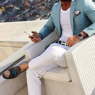 Light Blue Blazer Outfits For Men: Such items as a light blue blazer and white chinos are the perfect way to introduce some rugged sophistication into your casual rotation. A cool pair of dark brown suede tassel loafers is an effortless way to give a sense of refinement to your outfit.