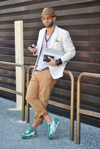 Green Athletic Shoes Outfits For Men: A semi-casual combo of a white linen blazer and khaki chinos is fitting in a great deal of occasions. Punch up this look with green athletic shoes.