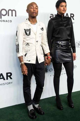 Pharrell Williams wearing White and Black Print Blazer, White Crew-neck T-shirt, Black Chinos, Black Leather Loafers