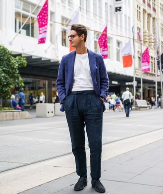 Navy Wool Blazer with Linen Pants Outfits For Men (7 ideas
