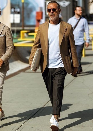Men's Brown Blazer, White Crew-neck T-shirt, Charcoal Chinos, White Low Top Sneakers