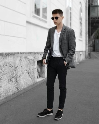 Men's Charcoal Wool Blazer, White Crew-neck T-shirt, Black Chinos, Black and White Leather Derby Shoes