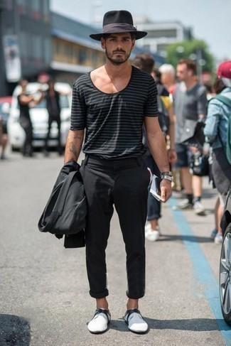 Black Horizontal Striped Crew-neck T-shirt Outfits For Men: For a stylish look without the need to sacrifice on comfort, we turn to this combo of a black horizontal striped crew-neck t-shirt and black chinos. Take a classic approach with shoes and introduce white leather loafers to this outfit.