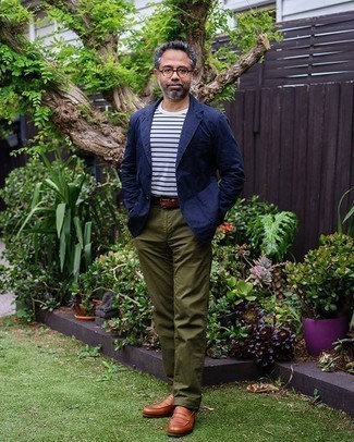 Men's Navy Blazer, White and Navy Horizontal Striped Crew-neck T-shirt, Olive Chinos, Tobacco Leather Loafers