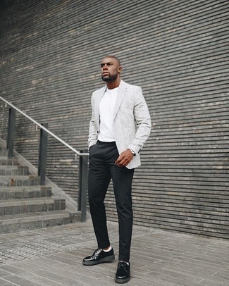 Black White Wool Check Blazer Coat