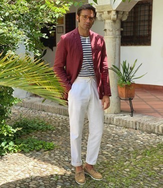 Men's Burgundy Linen Blazer, White and Navy Horizontal Striped Crew-neck T-shirt, White Chinos, Tan Leather Boat Shoes