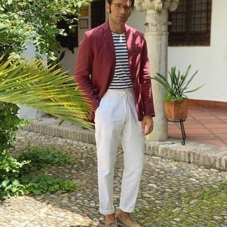 Men's Burgundy Blazer, White and Navy Horizontal Striped Crew-neck T-shirt, White Chinos, Beige Suede Boat Shoes