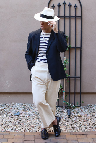 White Straw Hat Outfits For Men: Go for a straightforward yet neat and relaxed look combining a navy blazer and a white straw hat. Clueless about how to finish off this outfit? Rock navy leather loafers to dress it up.