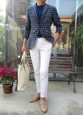Men's Navy and White Check Blazer, Navy Crew-neck T-shirt, White Chinos, Beige Suede Loafers