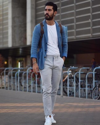 Men's Blue Knit Blazer, White Crew-neck T-shirt, Grey Vertical Striped Chinos, White Canvas Low Top Sneakers