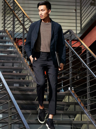 Blue Cotton Blazer Outfits For Men: Putting together a blue cotton blazer with black chinos is an amazing option for a casually neat ensemble. To give your overall outfit a more casual touch, why not enter black canvas low top sneakers into the equation?
