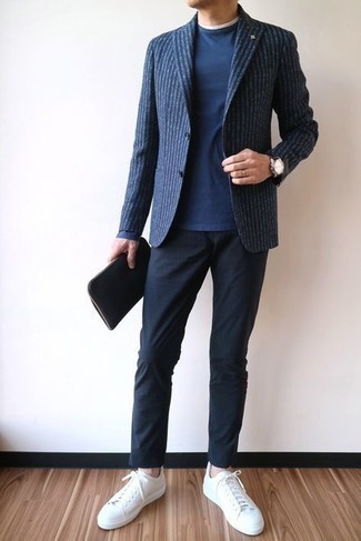 Men's Navy Vertical Striped Blazer, Navy Crew-neck T-shirt, Navy Chinos, White Canvas Low Top Sneakers