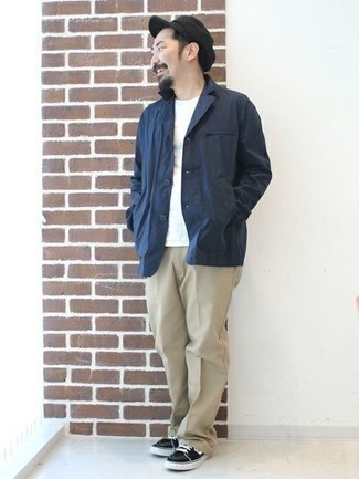 Men's Navy Cotton Blazer, White Print Crew-neck T-shirt, Beige Chinos, Black and White Canvas Low Top Sneakers
