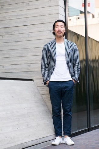 Men's Navy and White Vertical Striped Blazer, White Crew-neck T-shirt, Navy Chinos, White Canvas Low Top Sneakers
