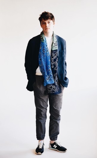 Navy Paisley Scarf Outfits For Men: This off-duty pairing of a navy cotton blazer and a navy paisley scarf is super easy to throw together without a second thought, helping you look awesome and ready for anything without spending too much time digging through your wardrobe. Black and white athletic shoes pull the outfit together.