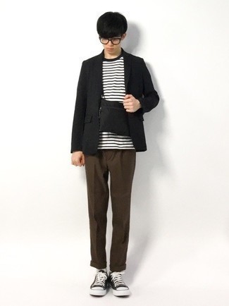 Men's Black Blazer, White and Black Horizontal Striped Crew-neck T-shirt, Dark Brown Chinos, Black and White Canvas Low Top Sneakers