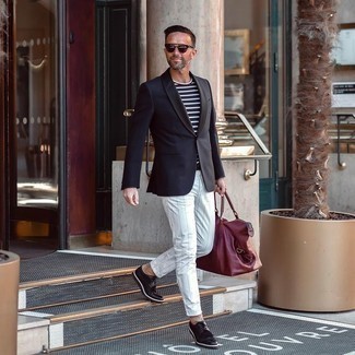 Men's Navy Blazer, Navy and White Horizontal Striped Crew-neck T-shirt, White Vertical Striped Chinos, Black Leather Brogues