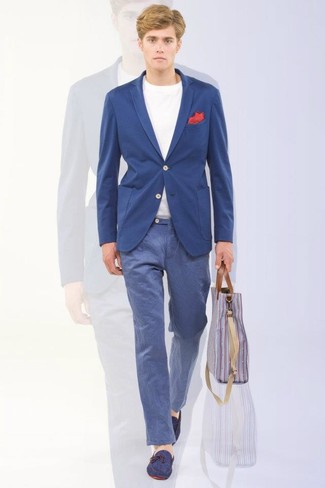 Blue Suede Tassel Loafers Outfits: A blue blazer and blue chinos are an easy way to introduce some manly refinement into your current styling collection. If you want to immediately spruce up your ensemble with a pair of shoes, add blue suede tassel loafers.