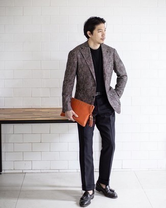 Orange Leather Zip Pouch Outfits For Men: When you want to look stylish and stay comfortable, go for a burgundy houndstooth wool blazer and an orange leather zip pouch. Why not add a pair of black leather tassel loafers to the equation for an added touch of style?