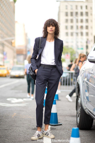 Navy Dress Pants with White and Black Low Top Sneakers Outfits For Women  (11 ideas & outfits)