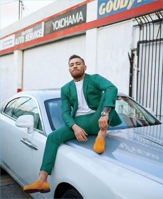Mint Blazer Outfits For Men: This combination of a mint blazer and green dress pants is a winning option when you need to look elegant and incredibly smart. Orange suede loafers integrate effortlessly within many getups.