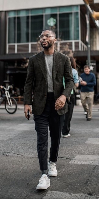 Tobacco Wool Blazer Outfits For Men: One of our favorite ways to style out such a hard-working menswear piece as a tobacco wool blazer is to team it with black dress pants. When this look looks all-too-perfect, dress it down with white leather low top sneakers.