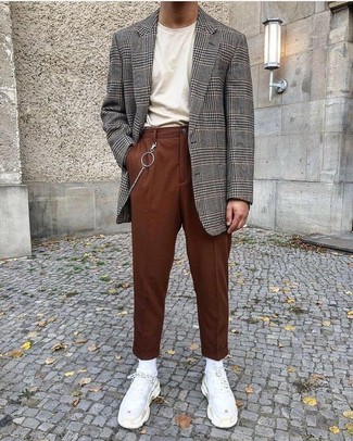 White Suede Athletic Shoes Outfits For Men: This pairing of a grey plaid blazer and tobacco dress pants can only be described as outrageously dapper and sophisticated. And if you wish to instantly play down this outfit with a pair of shoes, throw a pair of white suede athletic shoes into the mix.