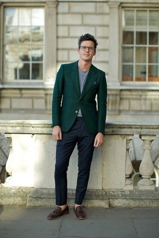 Burgundy Leather Loafers Outfits For Men: This is undeniable proof that a dark green blazer and navy dress pants look awesome when matched together in an elegant look for a modern gentleman. A pair of burgundy leather loafers looks great here.