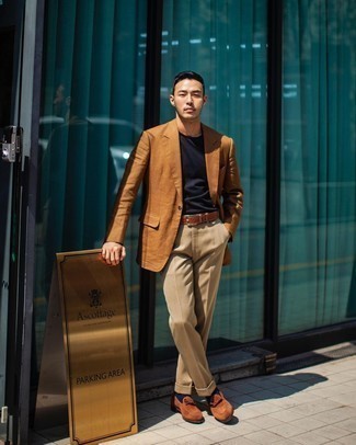 Tobacco Blazer Outfits For Men: A tobacco blazer and khaki dress pants are absolute essentials if you're putting together a classic closet that matches up to the highest sartorial standards. Tobacco suede loafers are a good pick to complement this getup.
