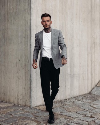 Black Socks Smart Casual Outfits For Men: A grey vertical striped blazer and black socks are wonderful menswear staples that will integrate nicely within your current repertoire. Inject this look with a dash of sophistication with a pair of black leather derby shoes.