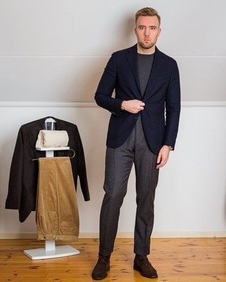 Navy Blazer Smart Casual Outfits For Men: Marrying a navy blazer with charcoal dress pants is an on-point option for a sharp and sophisticated look. Our favorite of a myriad of ways to finish this ensemble is with dark brown suede desert boots.