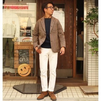 White Jeans Outfits For Men: This casual pairing of a brown check blazer and white jeans is very easy to throw together in no time flat, helping you look sharp and prepared for anything without spending a ton of time searching through your wardrobe. Look at how nice this look pairs with brown suede desert boots.
