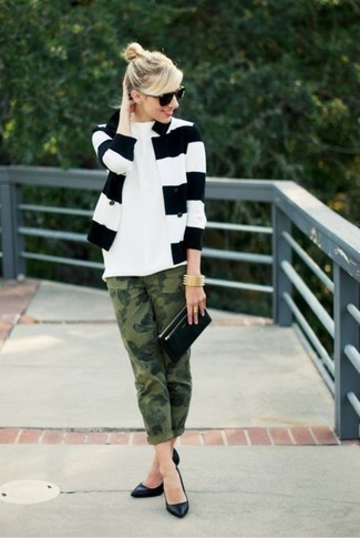 Women's White and Black Horizontal Striped Blazer, White Crew-neck T-shirt, Olive Camouflage Jeans, Black Leather Pumps