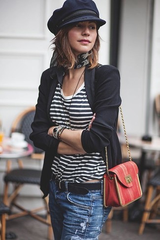Women's Black Blazer, White and Black Horizontal Striped Crew-neck T-shirt, Blue Ripped Jeans, Red Leather Crossbody Bag