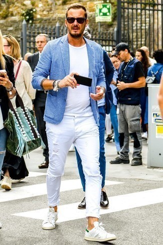 Light Blue Knit Blazer Outfits For Men: Combining a light blue knit blazer with white ripped jeans is an on-point choice for a casual look. Our favorite of a multitude of ways to finish off this look is with a pair of white leather low top sneakers.