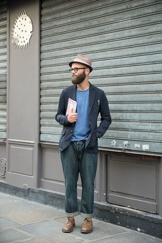 Dark Green Jeans Outfits For Men: When the situation calls for a classy yet killer ensemble, rock a navy blazer with dark green jeans. Get a bit experimental when it comes to footwear and complement this outfit with a pair of brown leather derby shoes.