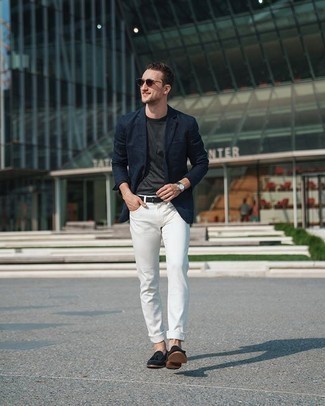 Navy Suede Tassel Loafers Outfits: This combination of a navy blazer and white jeans looks considered and makes you look infinitely cooler. And if you need to easily perk up your getup with shoes, why not complement this look with navy suede tassel loafers?