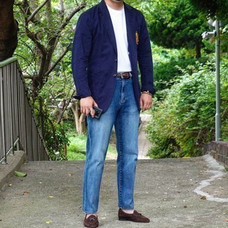 Navy Embroidered Blazer Outfits For Men: A navy embroidered blazer and blue jeans are a pairing that every smart guy should have in his wardrobe. To give your overall ensemble a dressier finish, why not complement this ensemble with dark brown suede loafers?