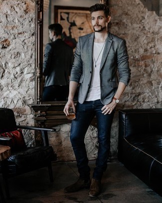 Grey Check Blazer Outfits For Men: For a laid-back and cool ensemble, try teaming a grey check blazer with navy jeans — these items play really cool together. Complement your look with dark brown suede chelsea boots to make the getup slightly classier.