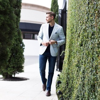 Light Blue Blazer Outfits For Men: Pair a light blue blazer with navy jeans and you'll achieve a proper and sophisticated menswear style. To give your look a more refined aesthetic, add dark brown leather oxford shoes to the equation.