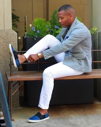 Light Blue Blazer Outfits For Men: A light blue blazer and white jeans are the kind of a foolproof getup that you need when you have zero time. Change up this outfit with more casual shoes, such as these blue leather slip-on sneakers.