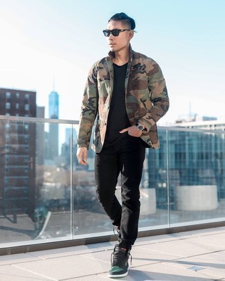 Olive Camouflage Cotton Blazer Outfits For Men: An olive camouflage cotton blazer and black jeans are a good combo to keep in your daily collection. Black print canvas high top sneakers are the most effective way to punch up your look.