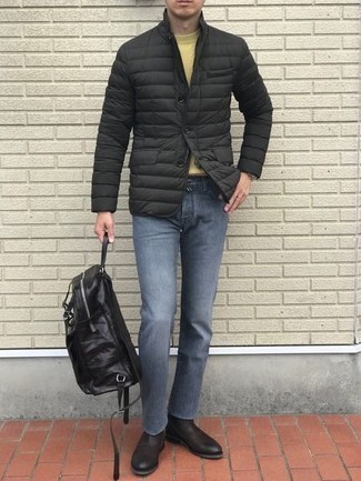 Black Leather Backpack Outfits For Men: To put together an off-duty outfit with a modern finish, make a black quilted blazer and a black leather backpack your outfit choice. Put a different spin on an otherwise mostly casual ensemble by finishing with a pair of dark brown leather chelsea boots.