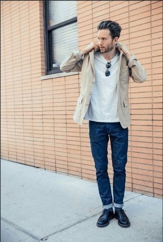 Blue Sunglasses Outfits For Men: To pull together an off-duty getup with a twist, opt for a beige blazer and blue sunglasses. If you wish to immediately lift up your outfit with shoes, why not add a pair of navy leather derby shoes to the equation?